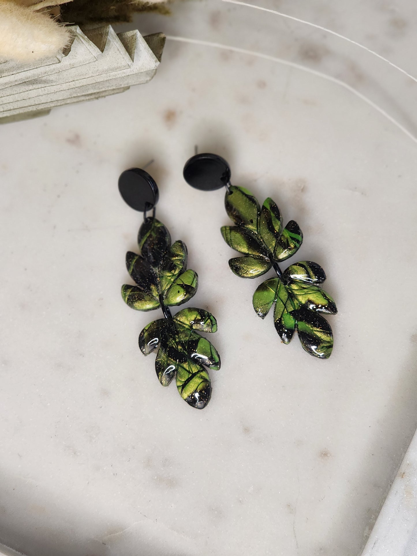 Black & Green Shimmer Dangle Studs | Handmade Polymer Clay Earrings