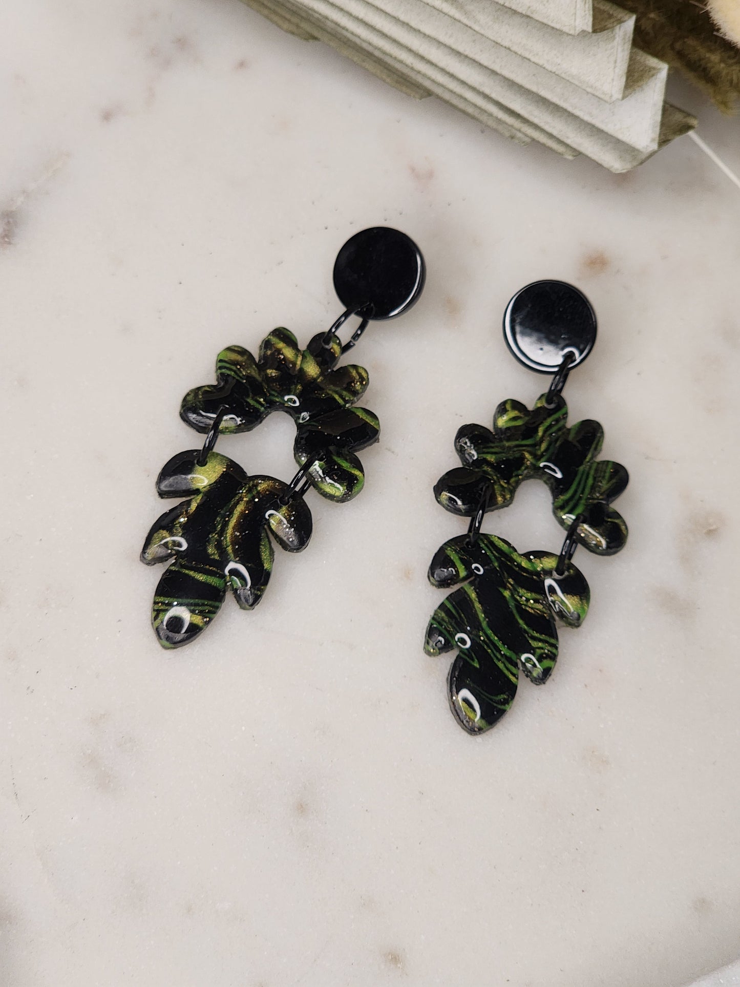 Black & Green Shimmer Dangle Studs | Handmade Polymer Clay Earrings