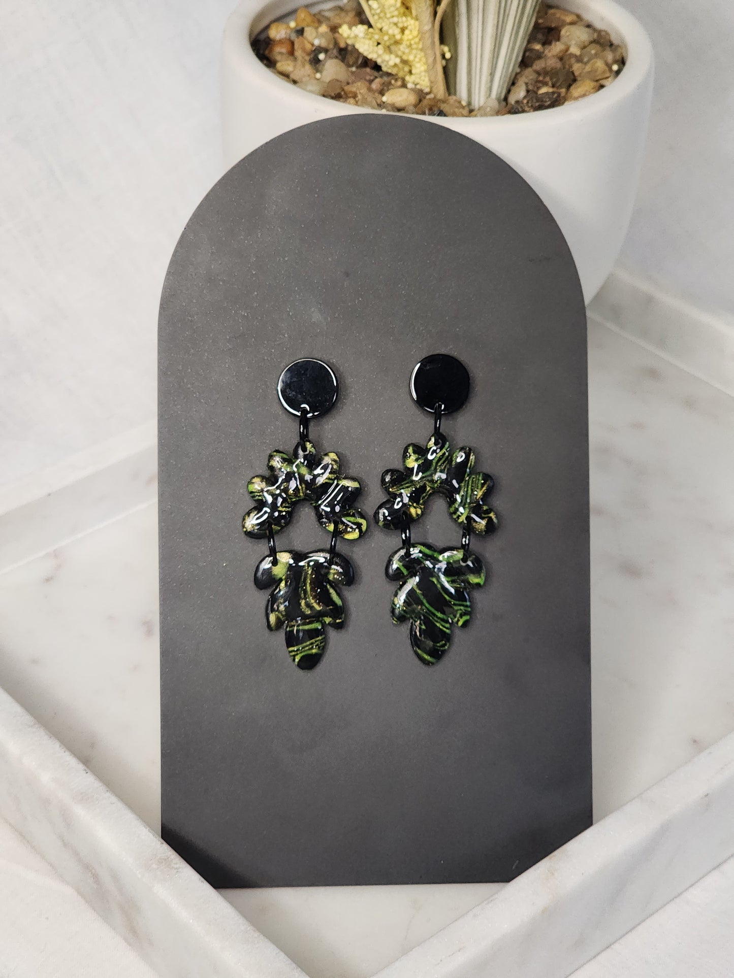 Black & Green Shimmer Dangle Studs | Handmade Polymer Clay Earrings