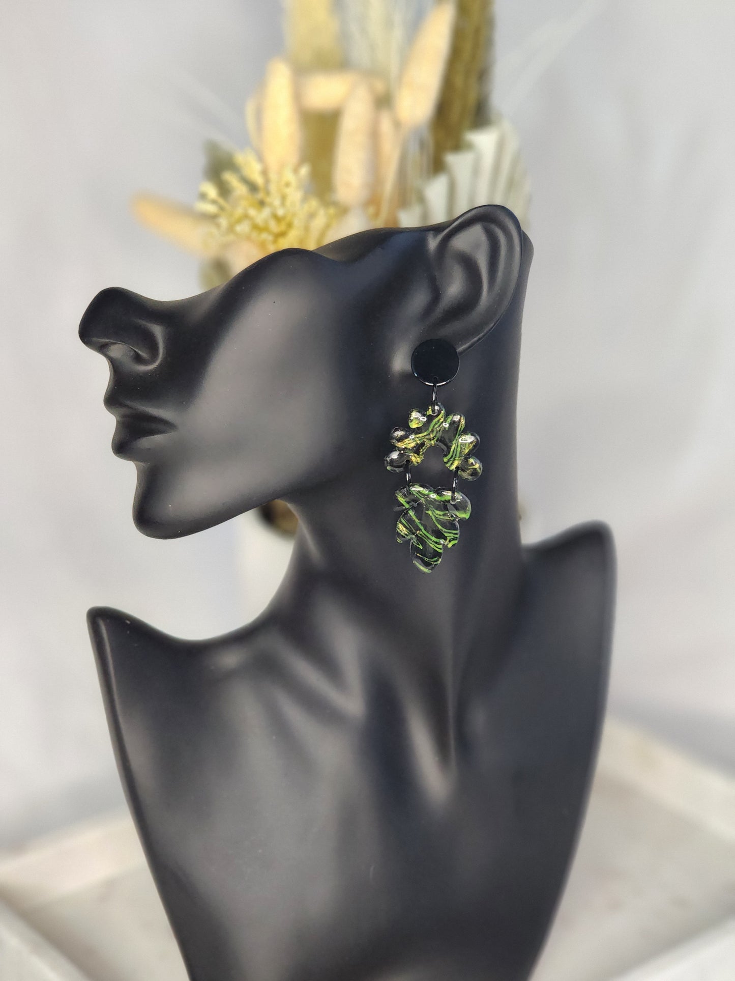 Black & Green Shimmer Dangle Studs | Handmade Polymer Clay Earrings