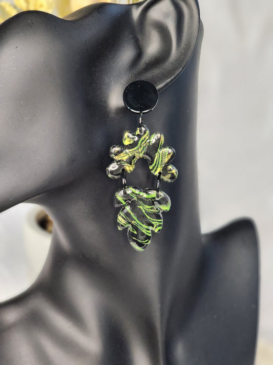 Black & Green Shimmer Dangle Studs | Handmade Polymer Clay Earrings