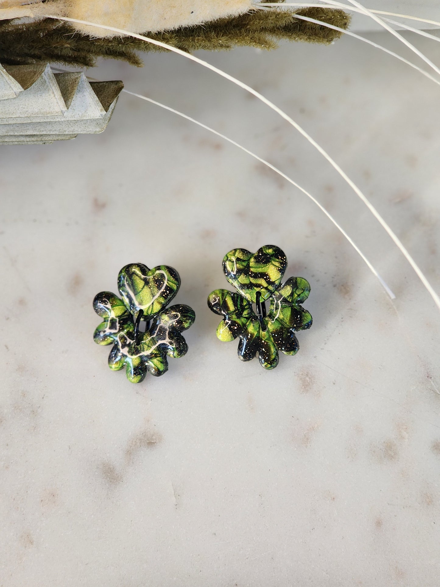 Black & Green Shimmer Studs | Handmade Polymer Clay Earrings