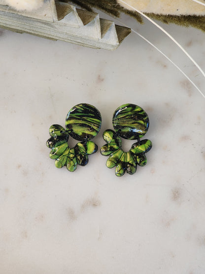 Black & Green Shimmer Dangle Studs | Handmade Polymer Clay Earrings