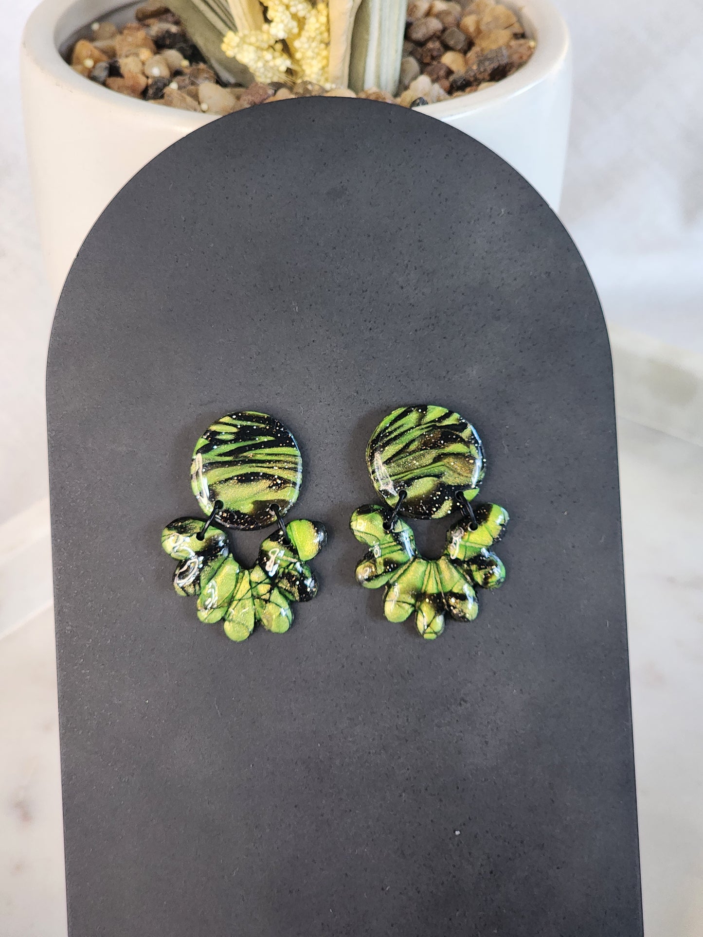 Black & Green Shimmer Dangle Studs | Handmade Polymer Clay Earrings