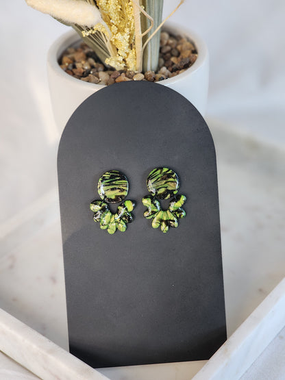 Black & Green Shimmer Dangle Studs | Handmade Polymer Clay Earrings