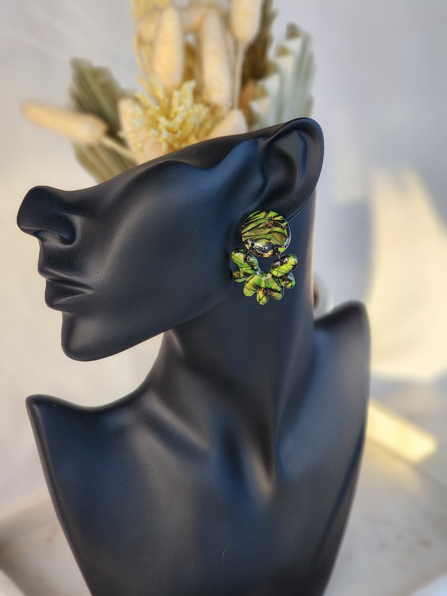 Black & Green Shimmer Dangle Studs | Handmade Polymer Clay Earrings