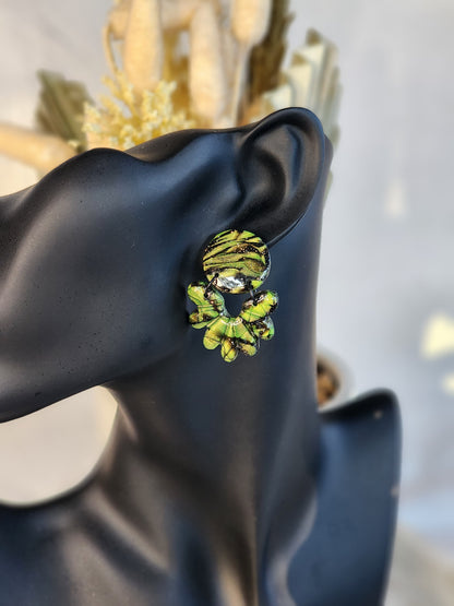 Black & Green Shimmer Dangle Studs | Handmade Polymer Clay Earrings