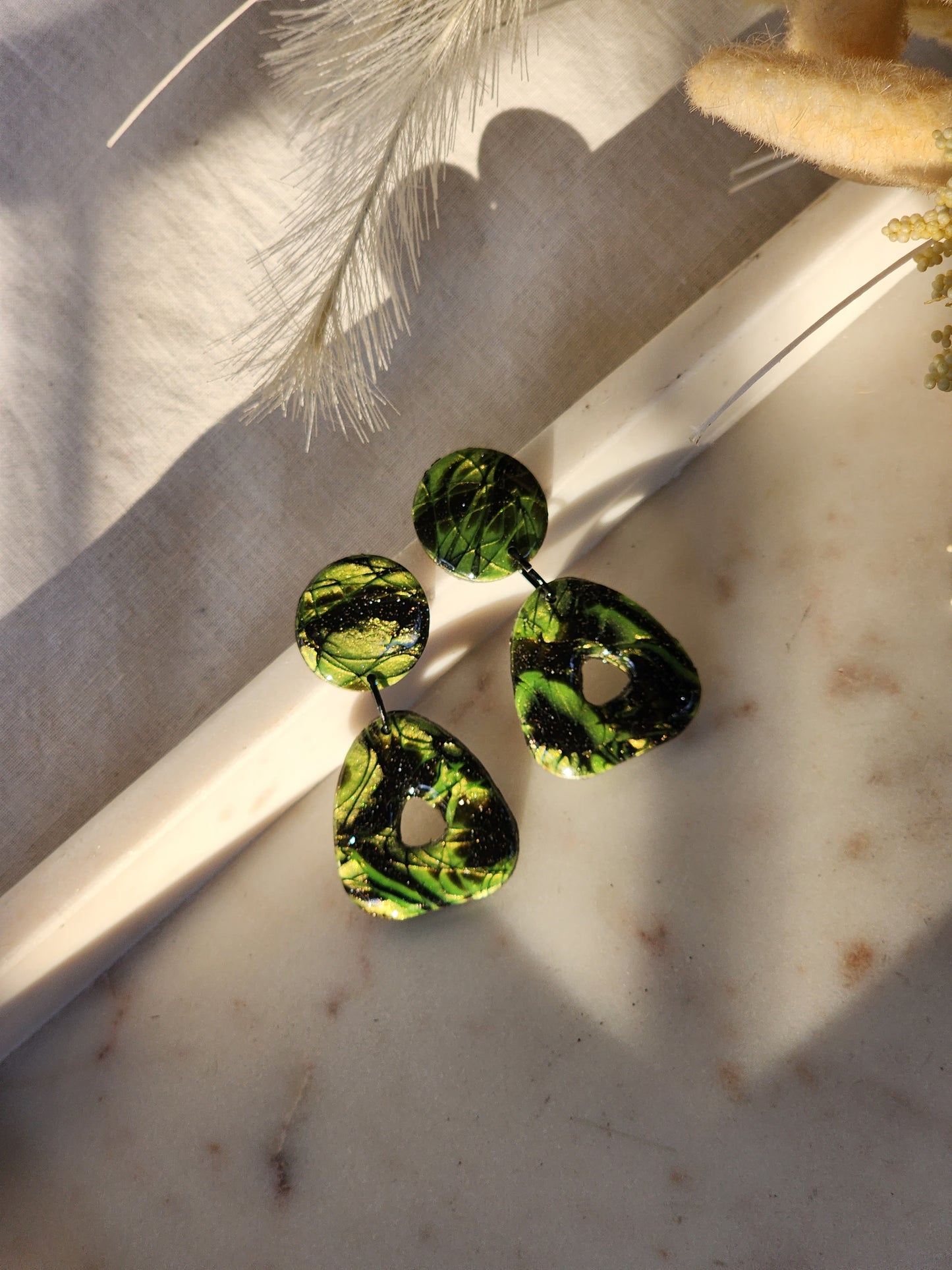 Black & Green Shimmer Dangle Studs | Handmade Polymer Clay Earrings