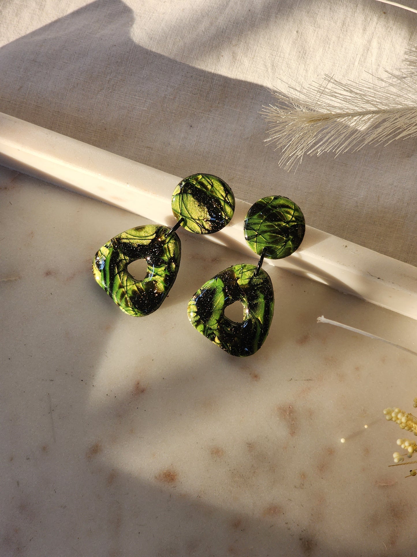 Black & Green Shimmer Dangle Studs | Handmade Polymer Clay Earrings