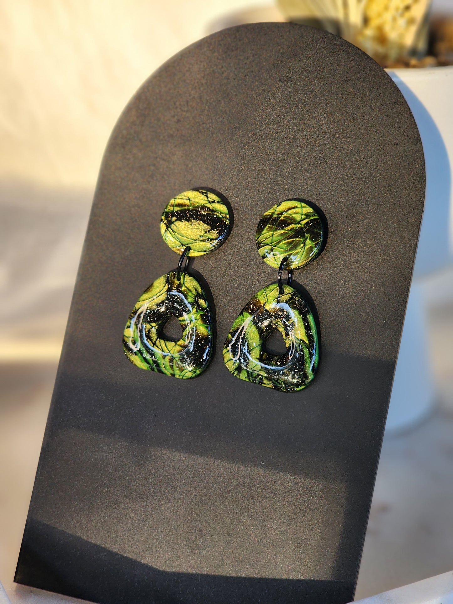 Black & Green Shimmer Dangle Studs | Handmade Polymer Clay Earrings