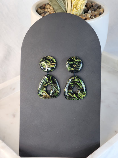 Black & Green Shimmer Dangle Studs | Handmade Polymer Clay Earrings