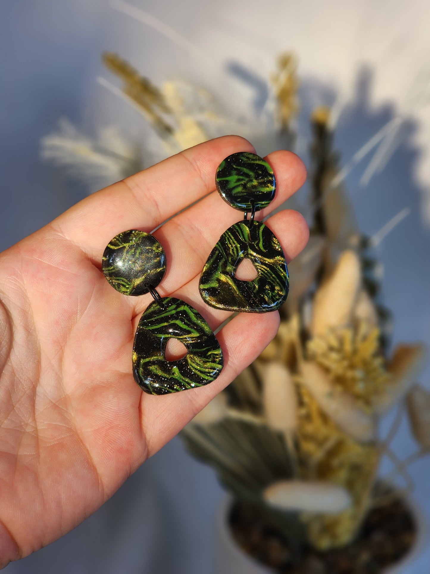 Black & Green Shimmer Dangle Studs | Handmade Polymer Clay Earrings