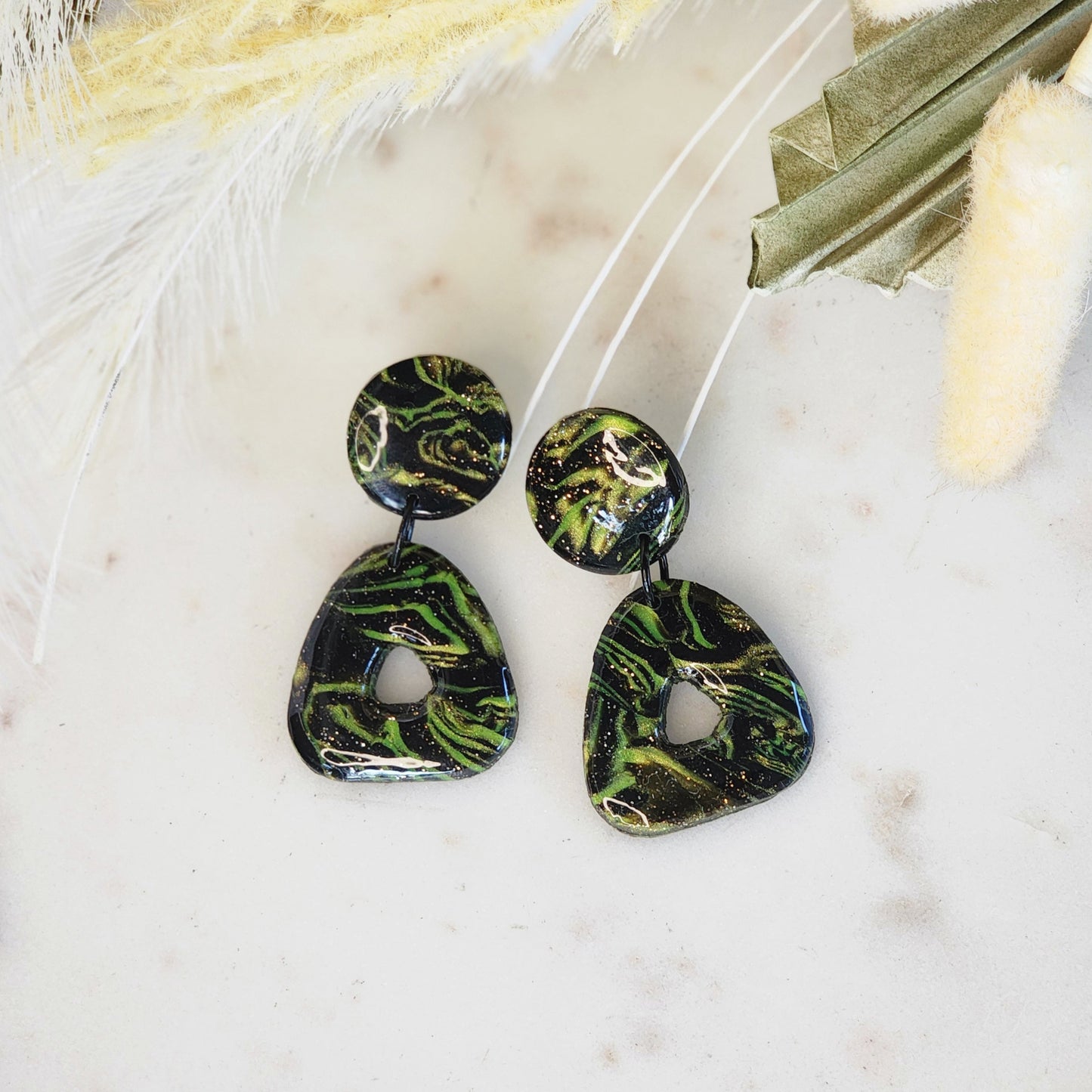 Black & Green Shimmer Dangle Studs | Handmade Polymer Clay Earrings