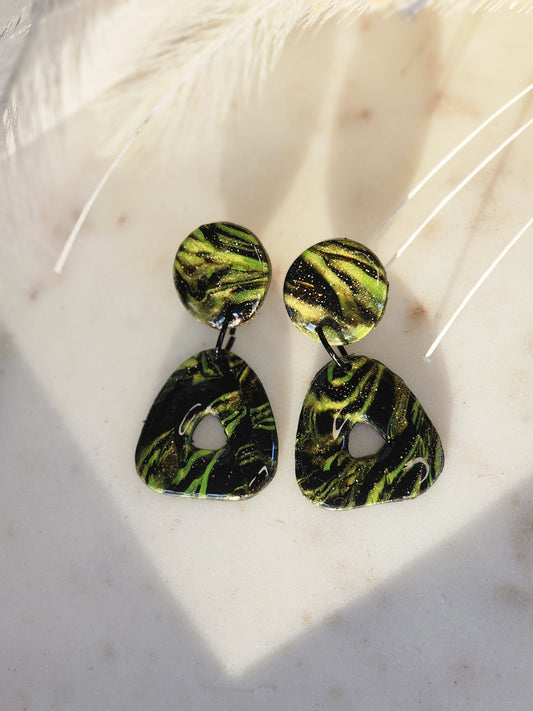 Black & Green Shimmer Dangle Studs | Handmade Polymer Clay Earrings