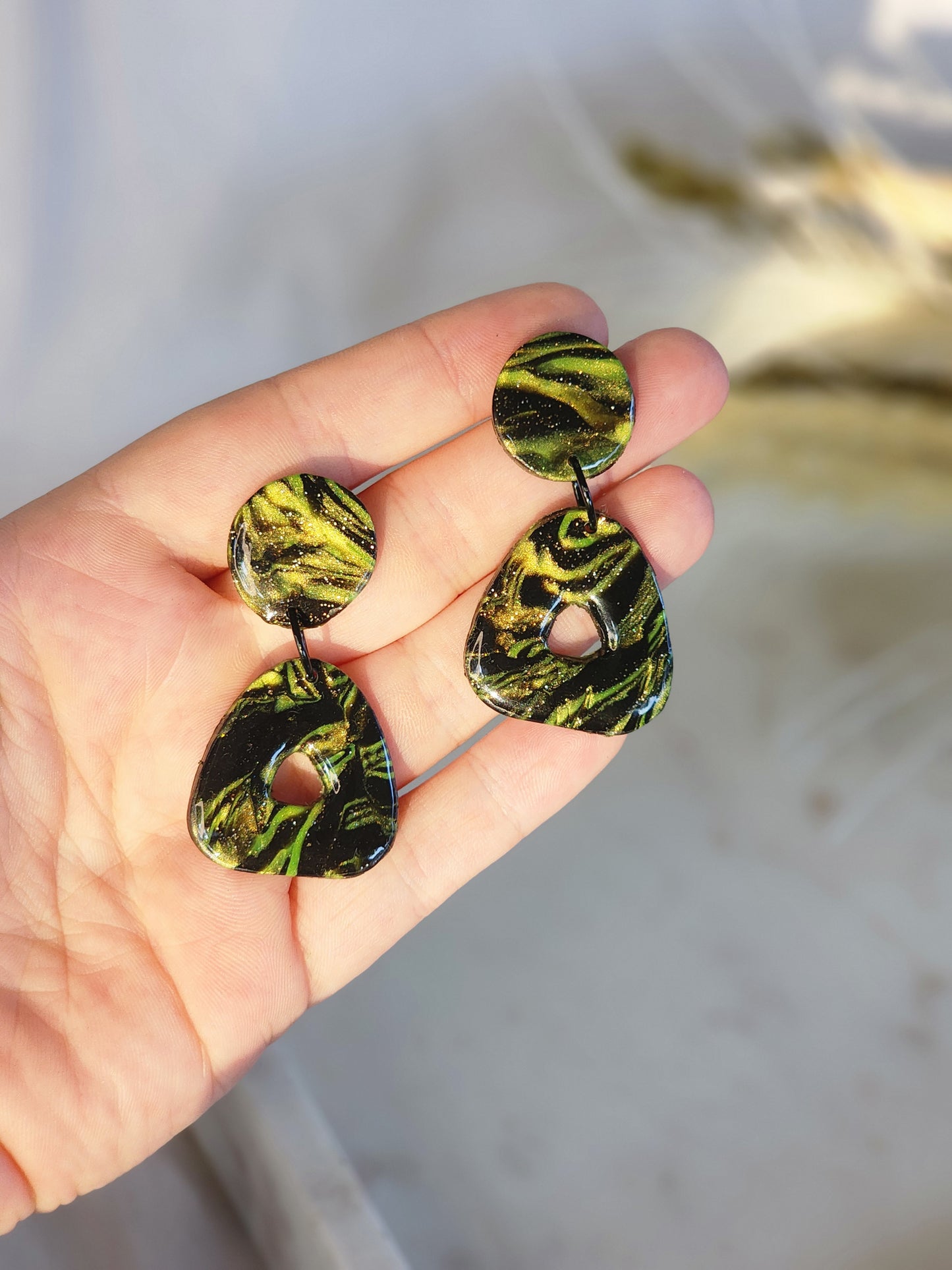 Black & Green Shimmer Dangle Studs | Handmade Polymer Clay Earrings