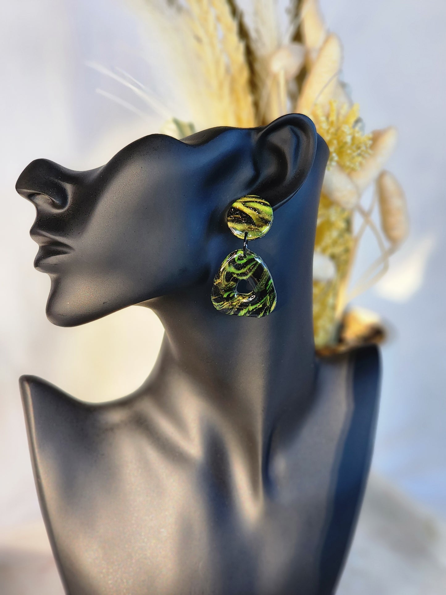 Black & Green Shimmer Dangle Studs | Handmade Polymer Clay Earrings