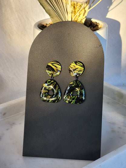 Black & Green Shimmer Dangle Studs | Handmade Polymer Clay Earrings