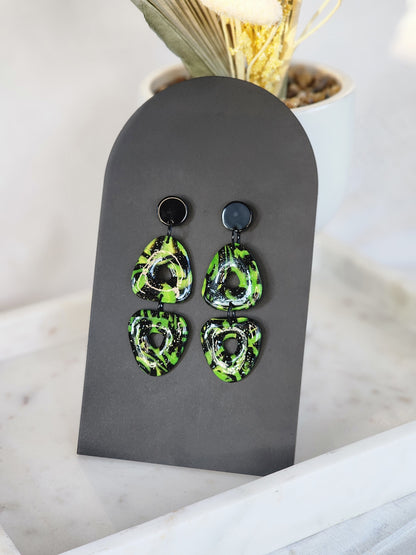 Black & Green Double Dangles | Handmade Polymer Clay Earrings