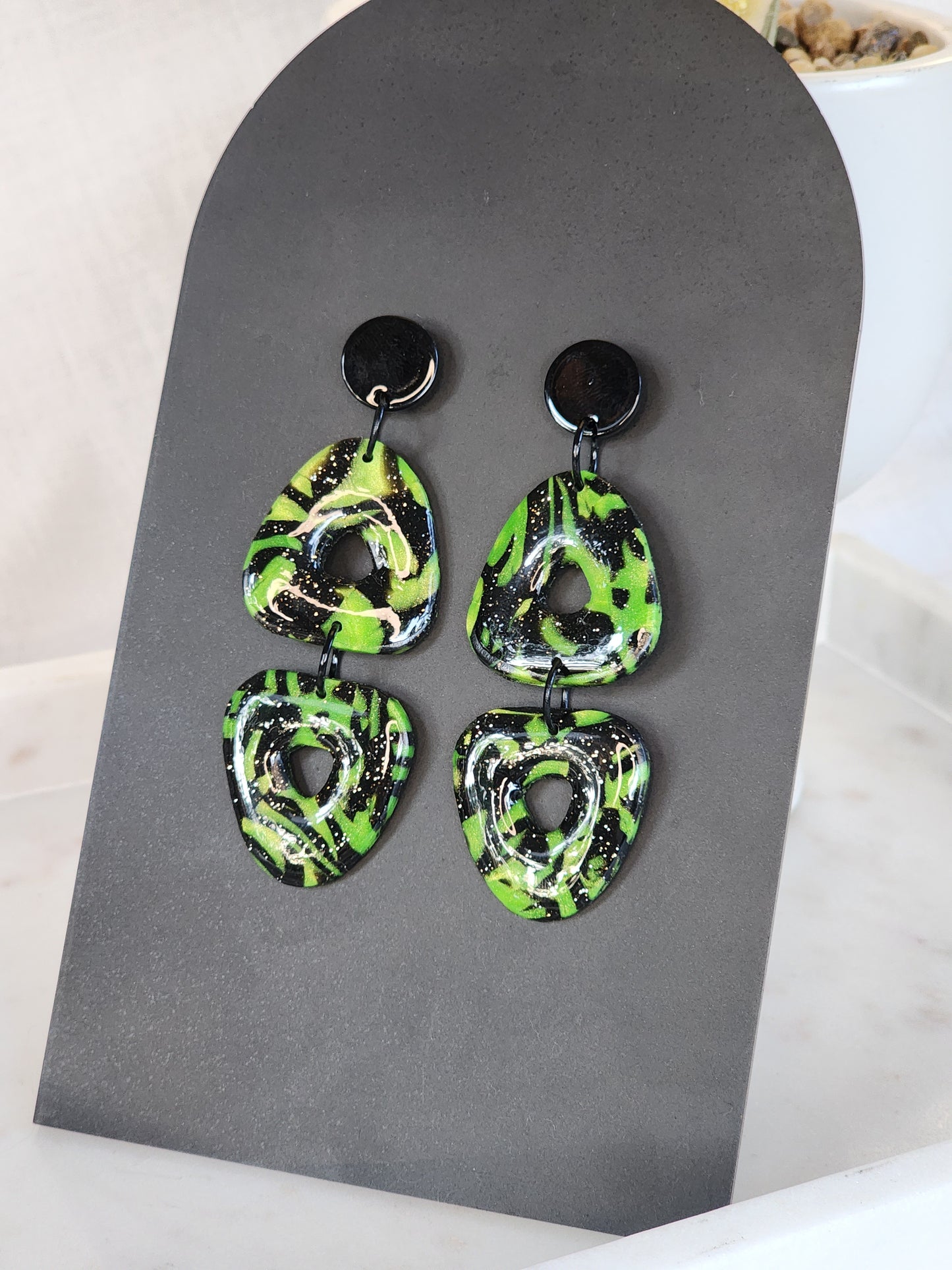 Black & Green Double Dangles | Handmade Polymer Clay Earrings