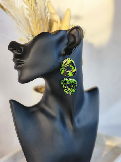 Black & Green Double Dangles | Handmade Polymer Clay Earrings