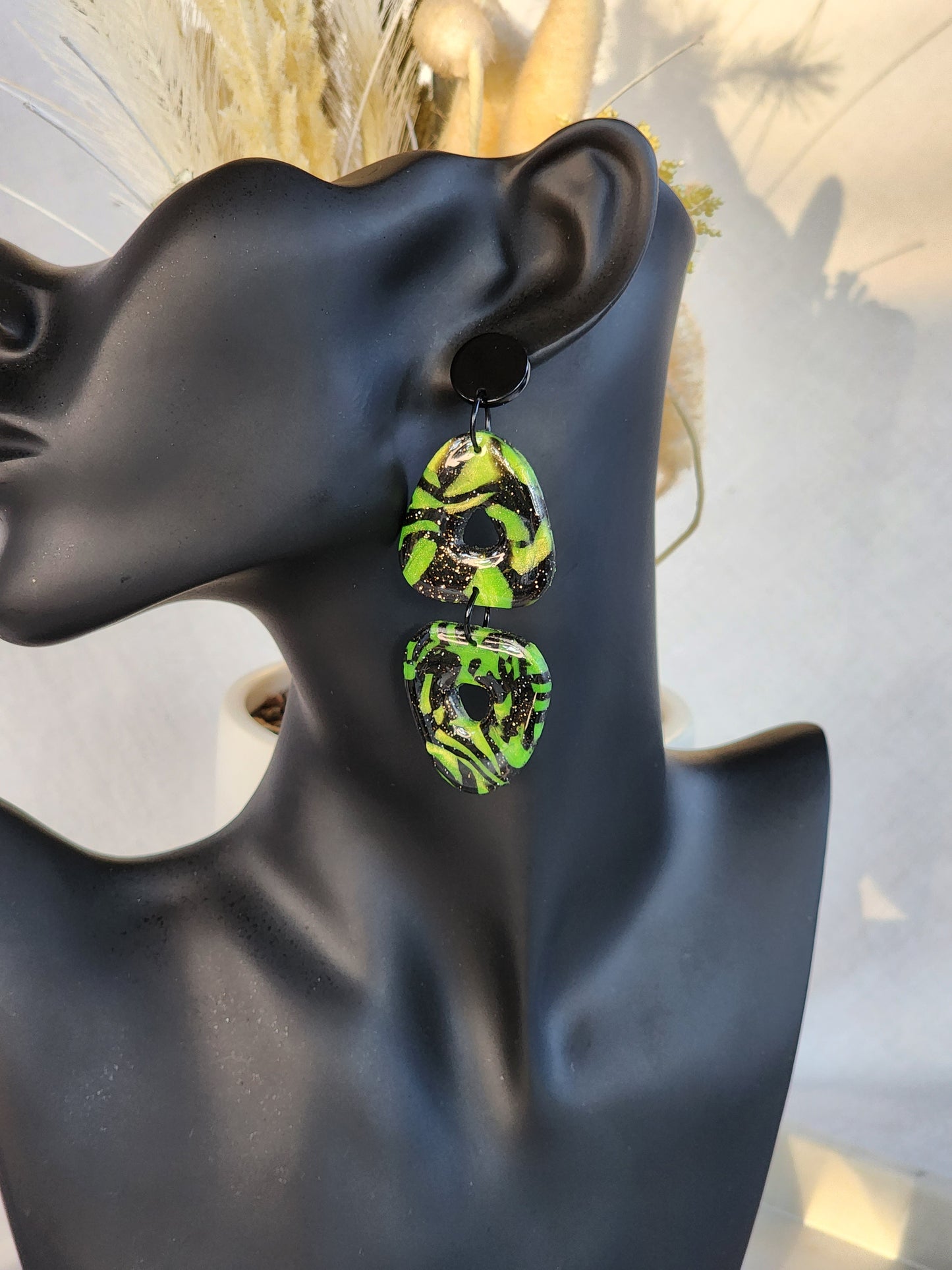 Black & Green Double Dangles | Handmade Polymer Clay Earrings