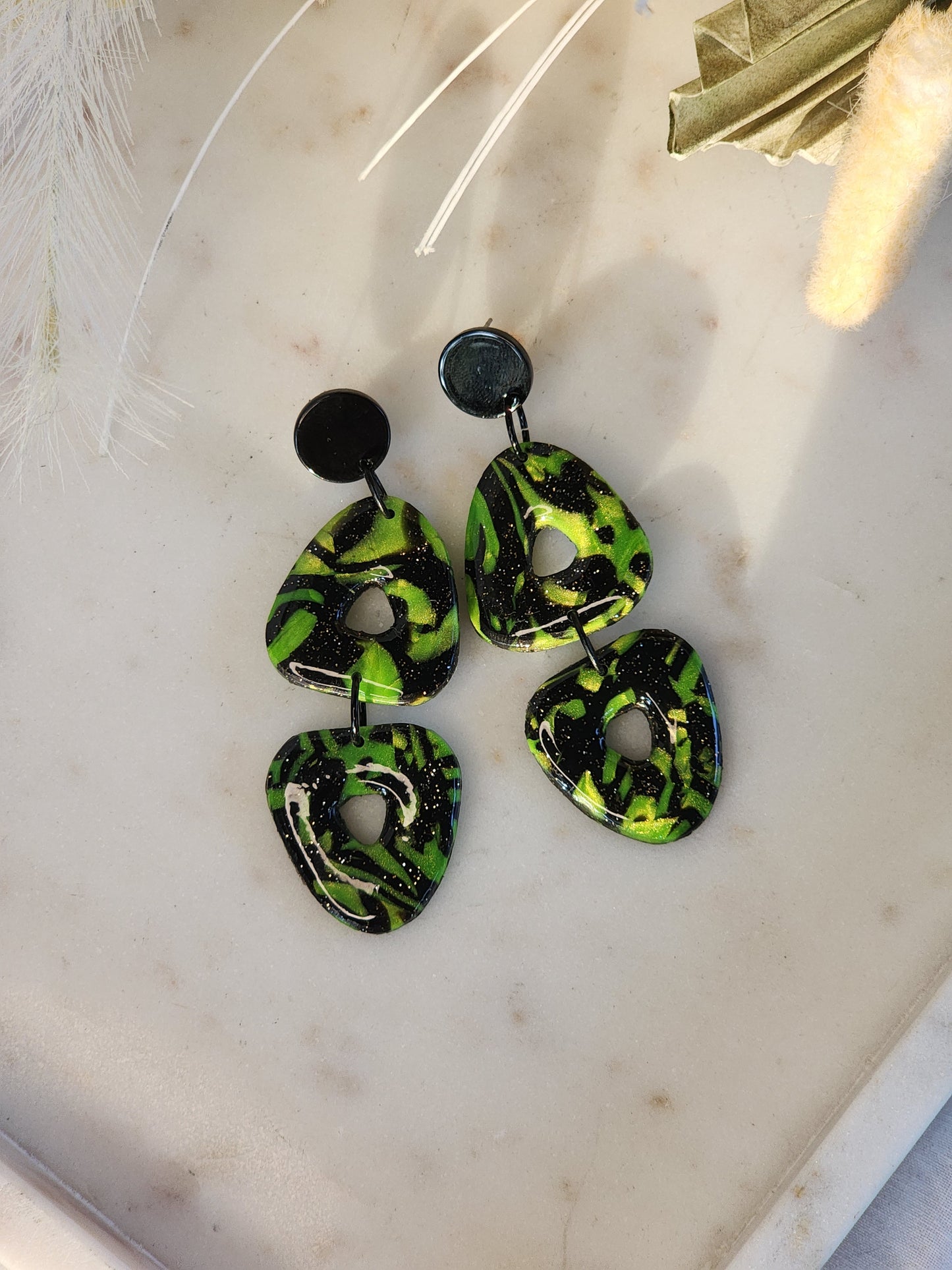 Black & Green Double Dangles | Handmade Polymer Clay Earrings