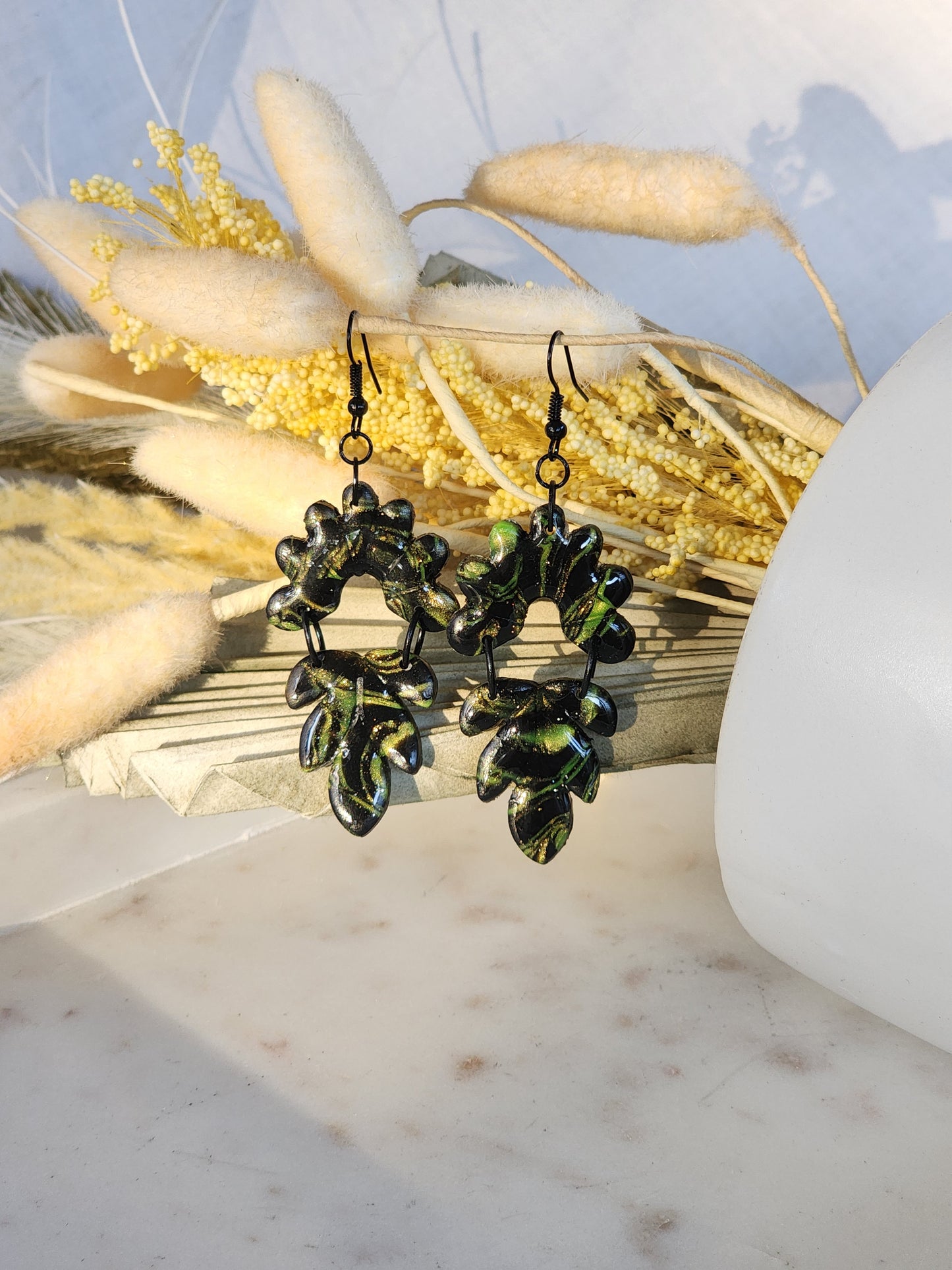 Black & Green Shimmer Double Dangles | Handmade Polymer Clay Earrings