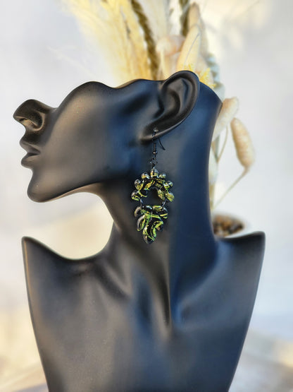 Black & Green Shimmer Double Dangles | Handmade Polymer Clay Earrings