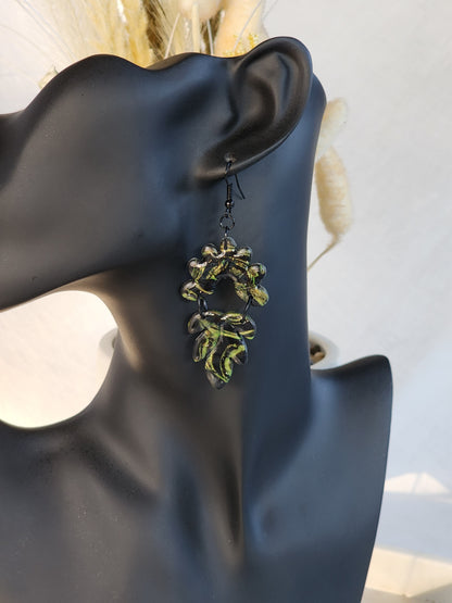 Black & Green Shimmer Double Dangles | Handmade Polymer Clay Earrings