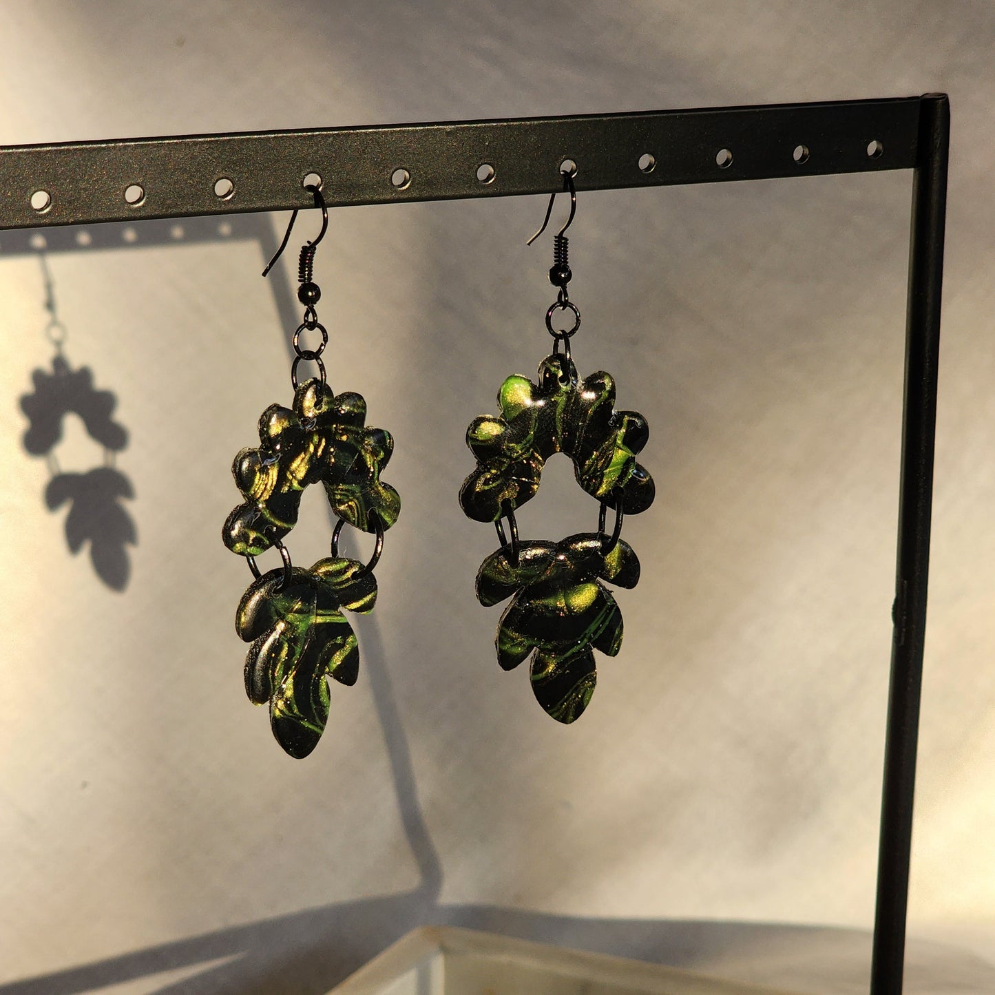 Black & Green Shimmer Double Dangles | Handmade Polymer Clay Earrings