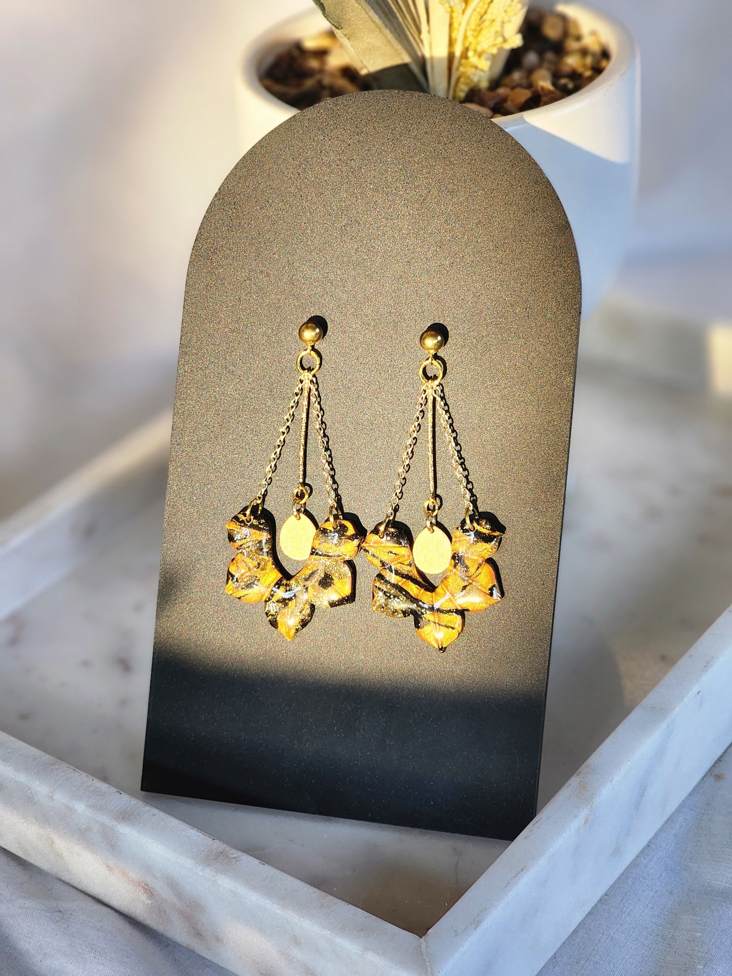 Black & Gold Chain Dangles | Handmade Polymer Clay Earrings