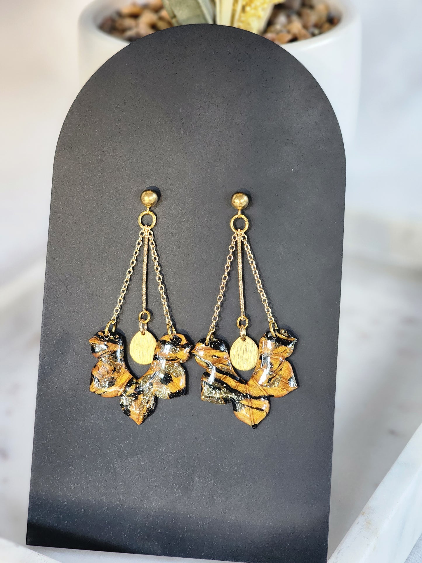 Black & Gold Chain Dangles | Handmade Polymer Clay Earrings