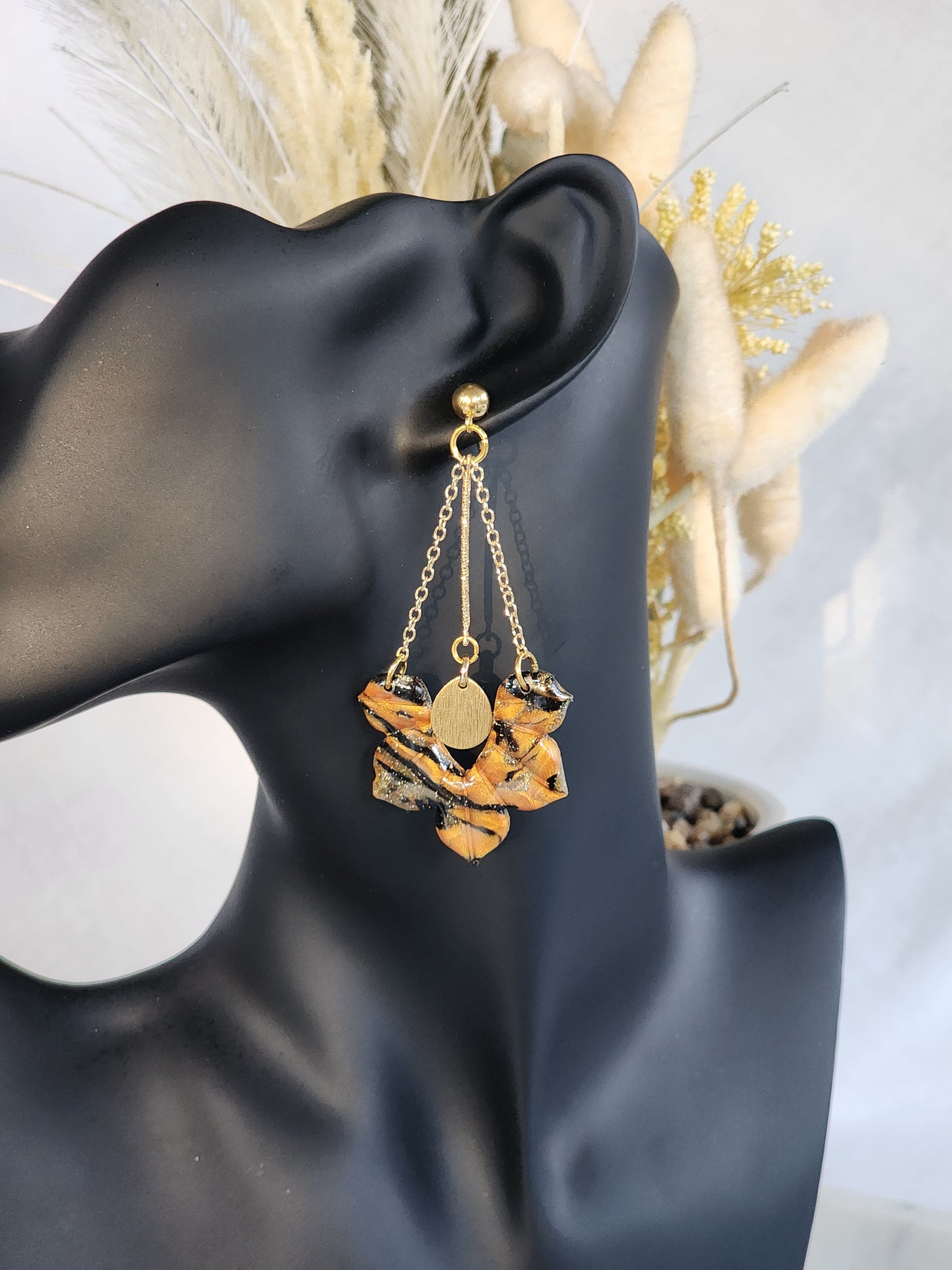 Black & Gold Chain Dangles | Handmade Polymer Clay Earrings