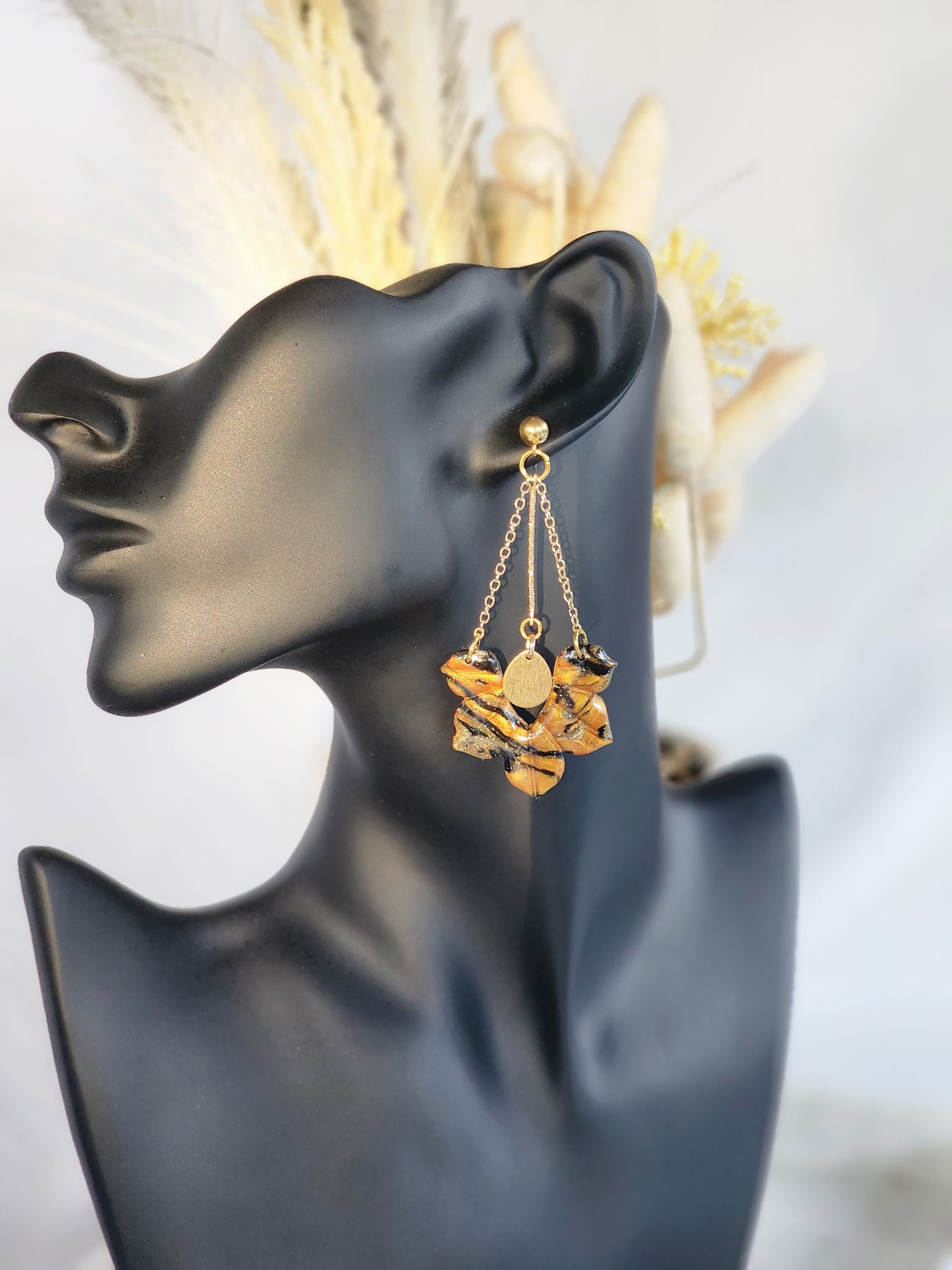 Black & Gold Chain Dangles | Handmade Polymer Clay Earrings