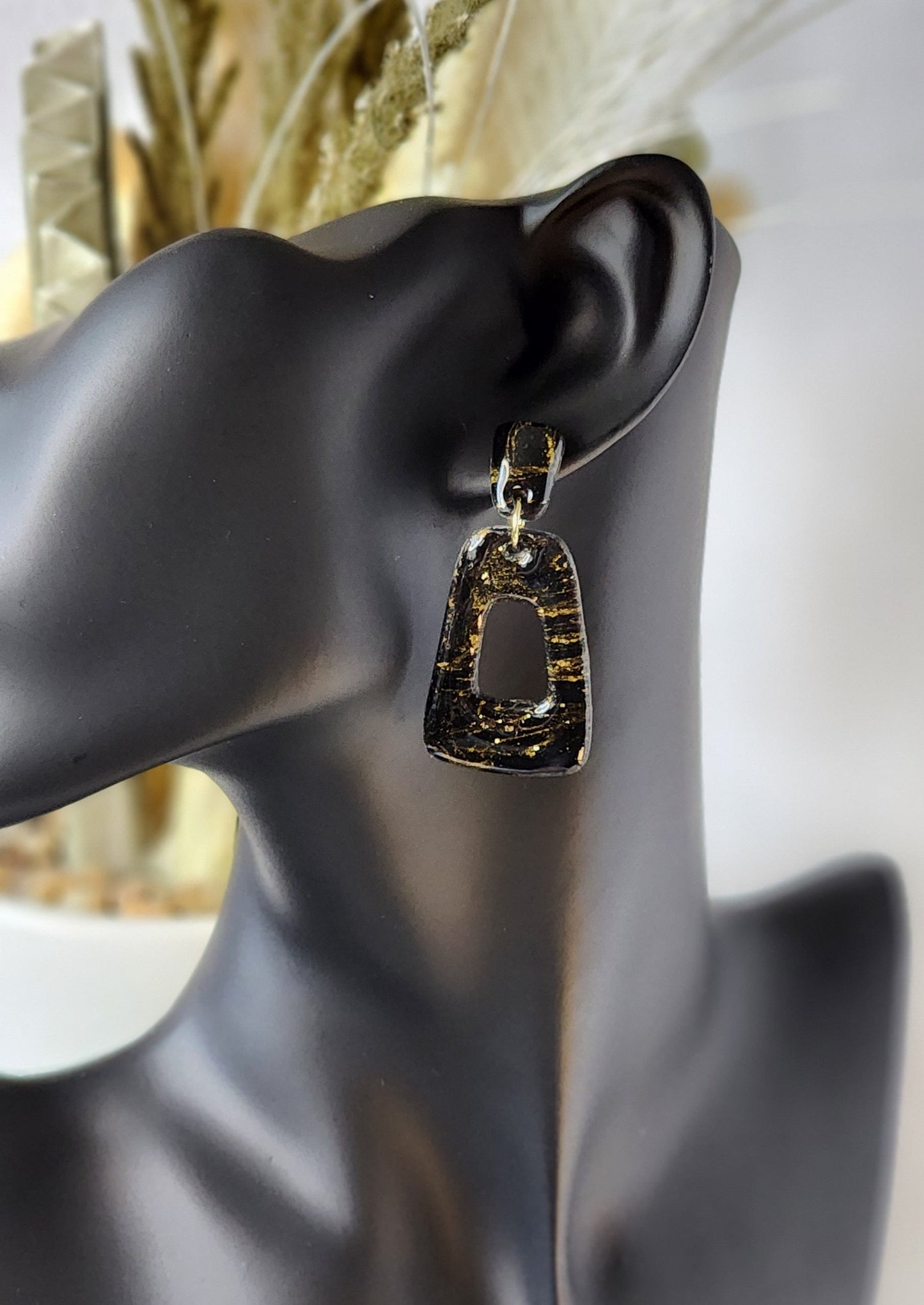 Smaller Black and Gold Marble Dangles | Handmade Polymer Clay Earrings