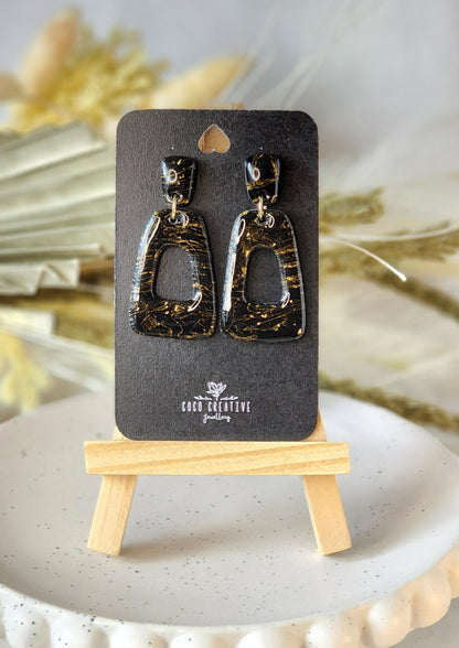 Smaller Black and Gold Marble Dangles | Handmade Polymer Clay Earrings