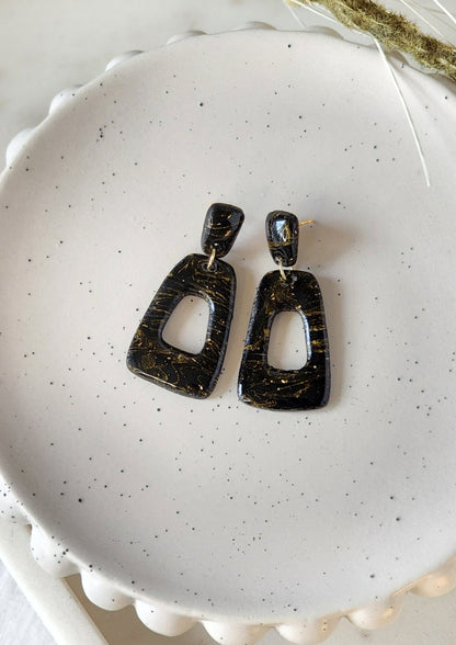 Smaller Black and Gold Marble Dangles | Handmade Polymer Clay Earrings