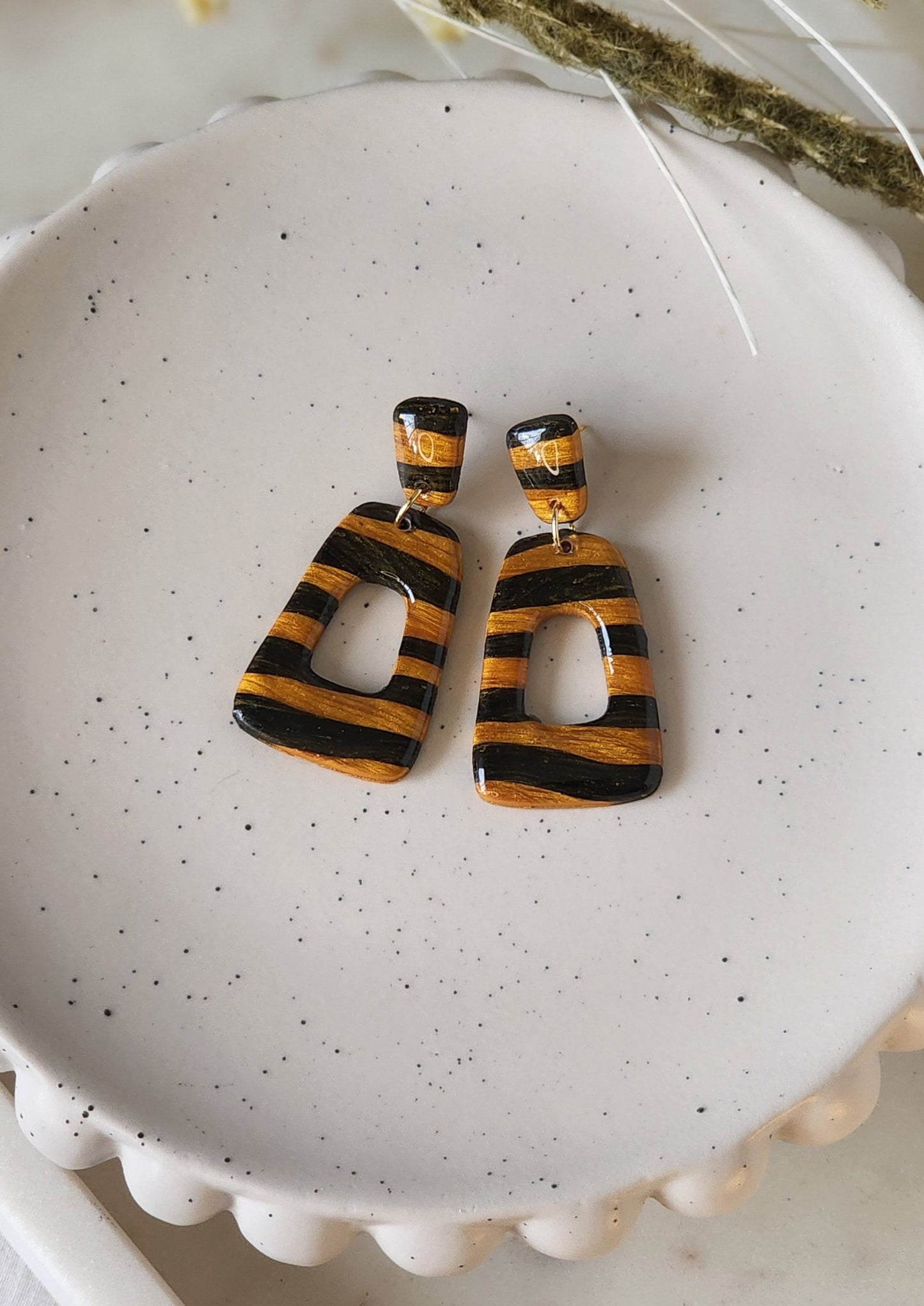 Black and Gold Bumblebee Dangles | Handmade Polymer Clay Earrings