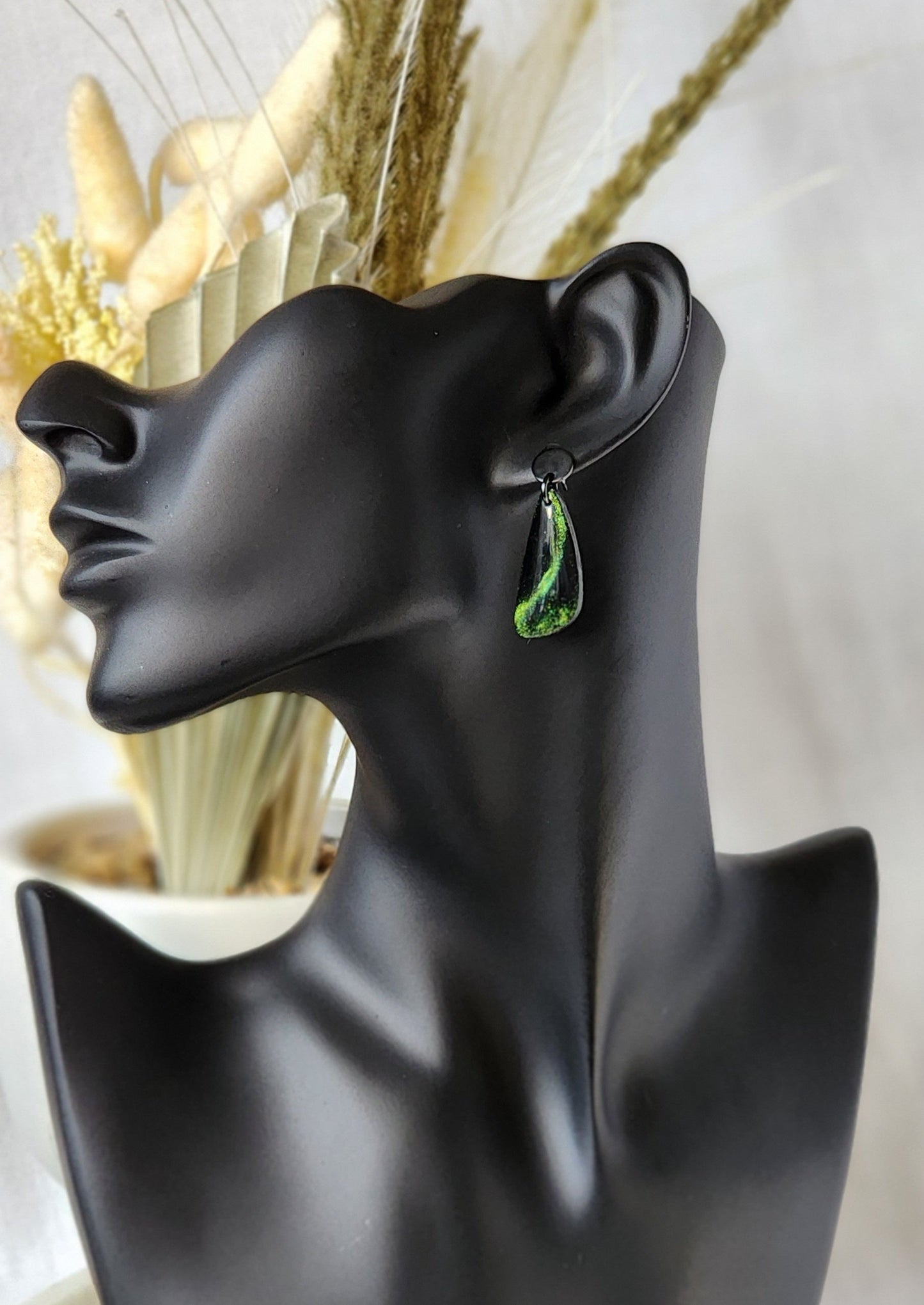 Black and Green Cat Eye Dangles | Handmade Polymer Clay Earrings