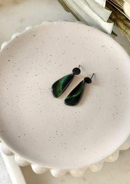 Black and Green Cat Eye Dangles | Handmade Polymer Clay Earrings