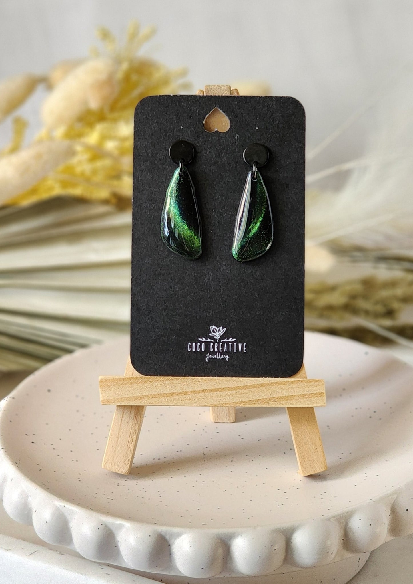 Black and Green Cat Eye Dangles | Handmade Polymer Clay Earrings