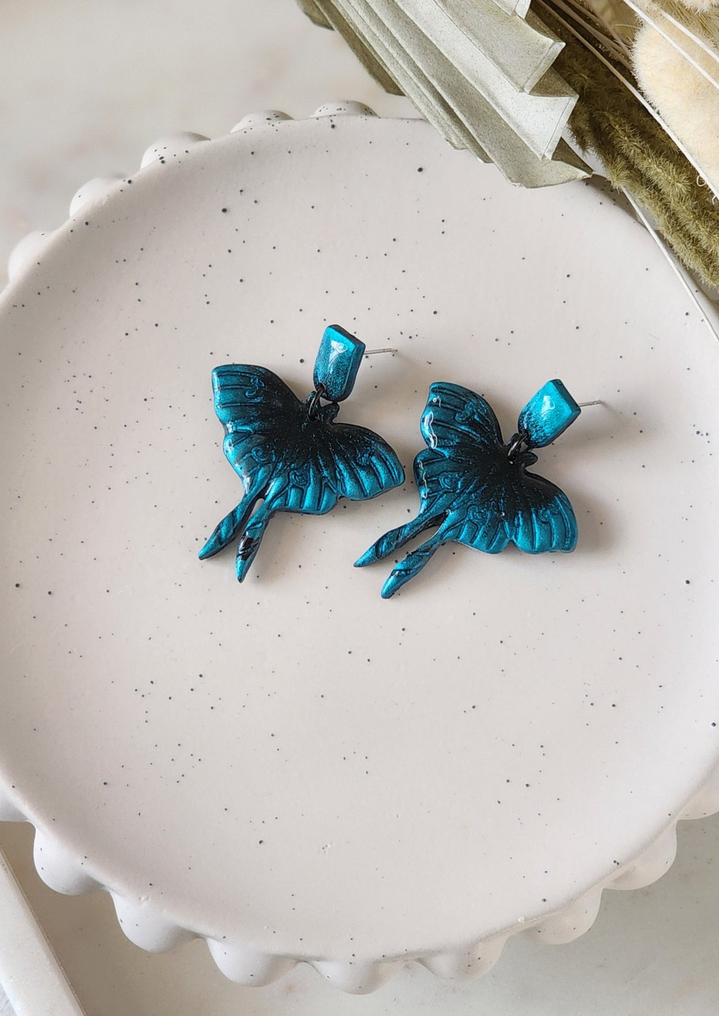 Blue Shimmer Butterfly Dangles | Handmade Polymer Clay Earrings