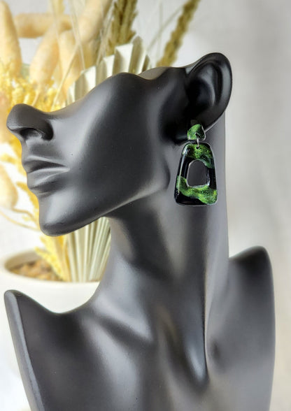 Green and black shimmer Dangles | Handmade Polymer Clay Earrings