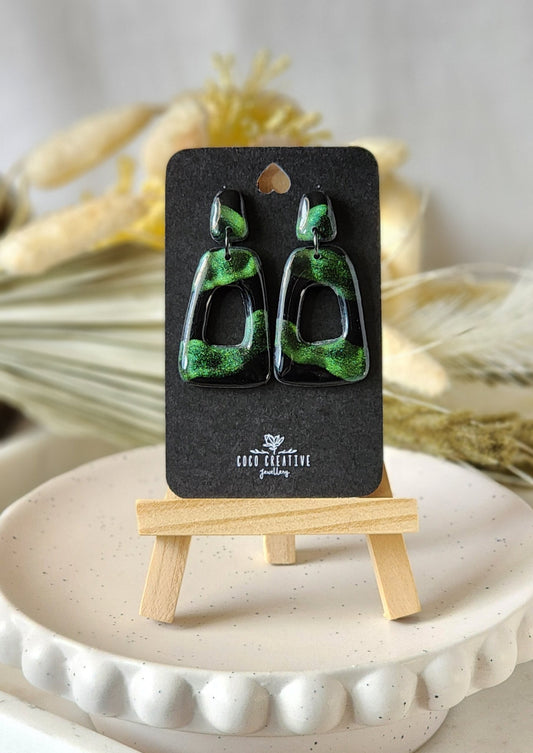 Green and black shimmer Dangles | Handmade Polymer Clay Earrings