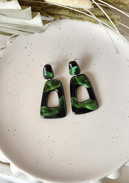 Green and black shimmer Dangles | Handmade Polymer Clay Earrings