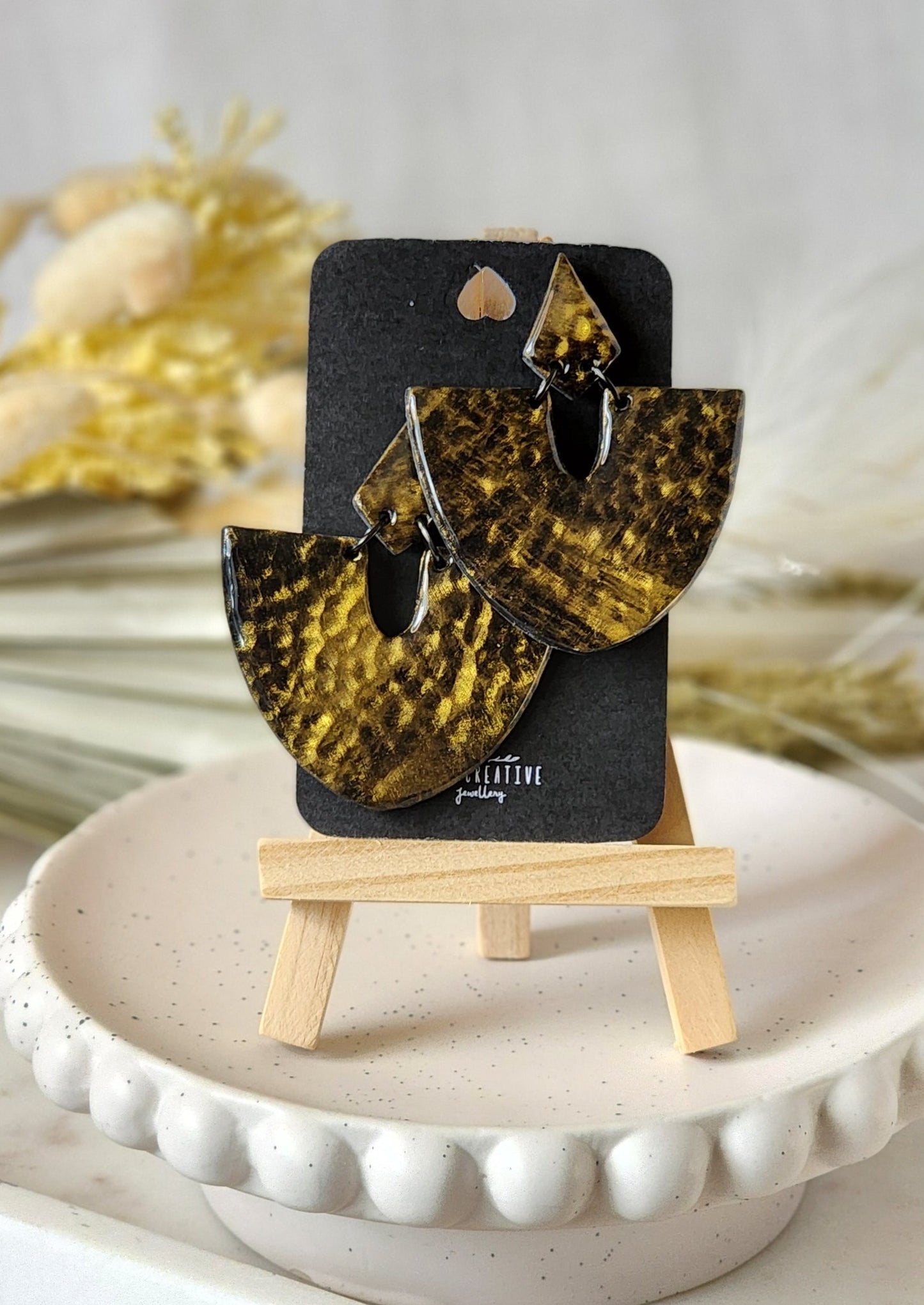 Gold Hammered Dangles | Handmade Polymer Clay Earrings