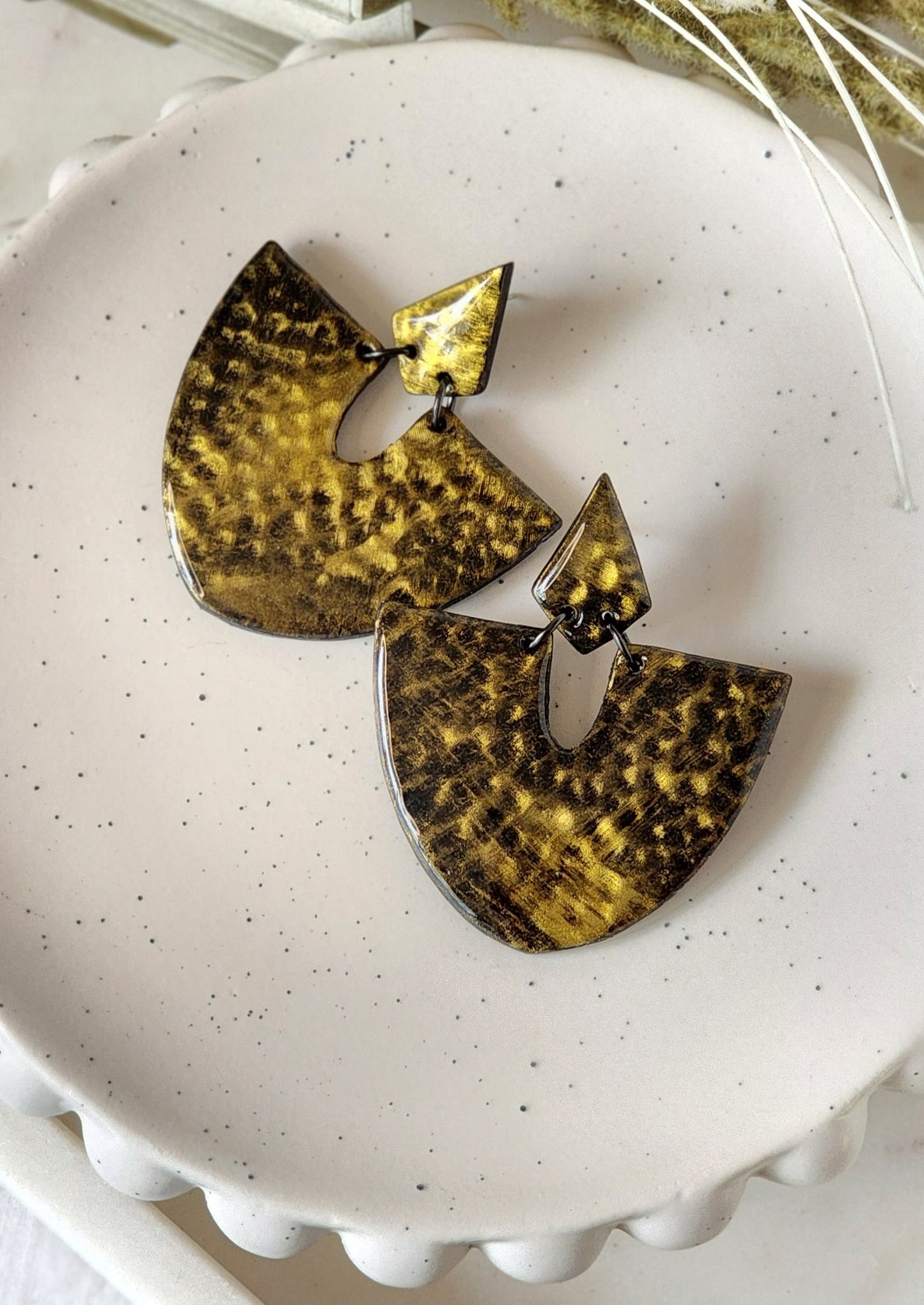 Gold Hammered Dangles | Handmade Polymer Clay Earrings