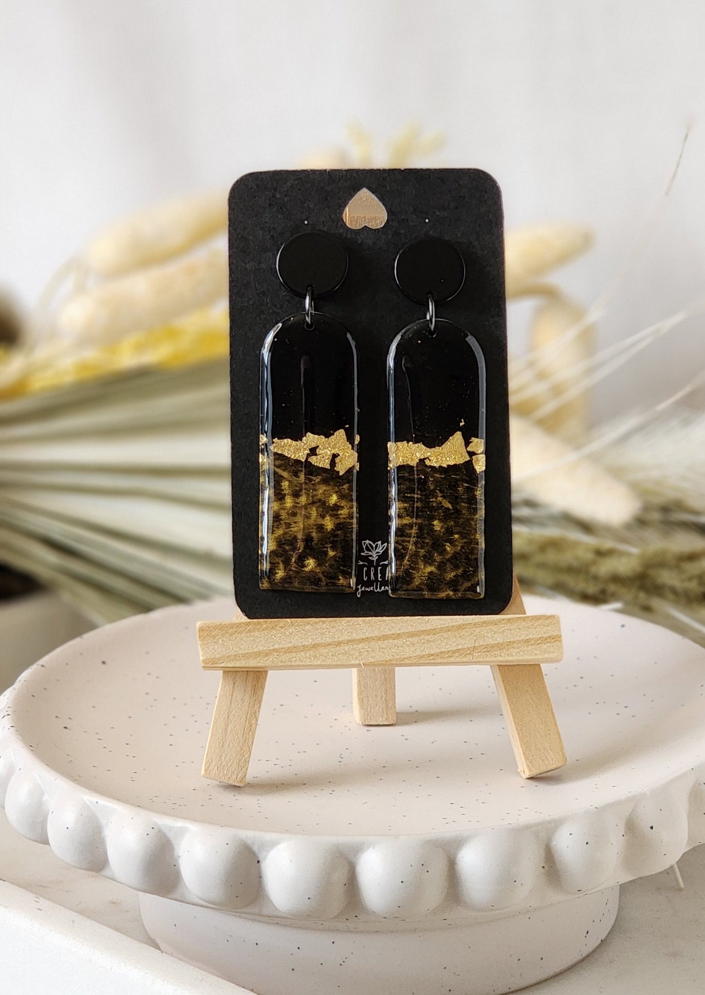 Half Hammered Gold and Black Dangles | Handmade Polymer Clay Earrings