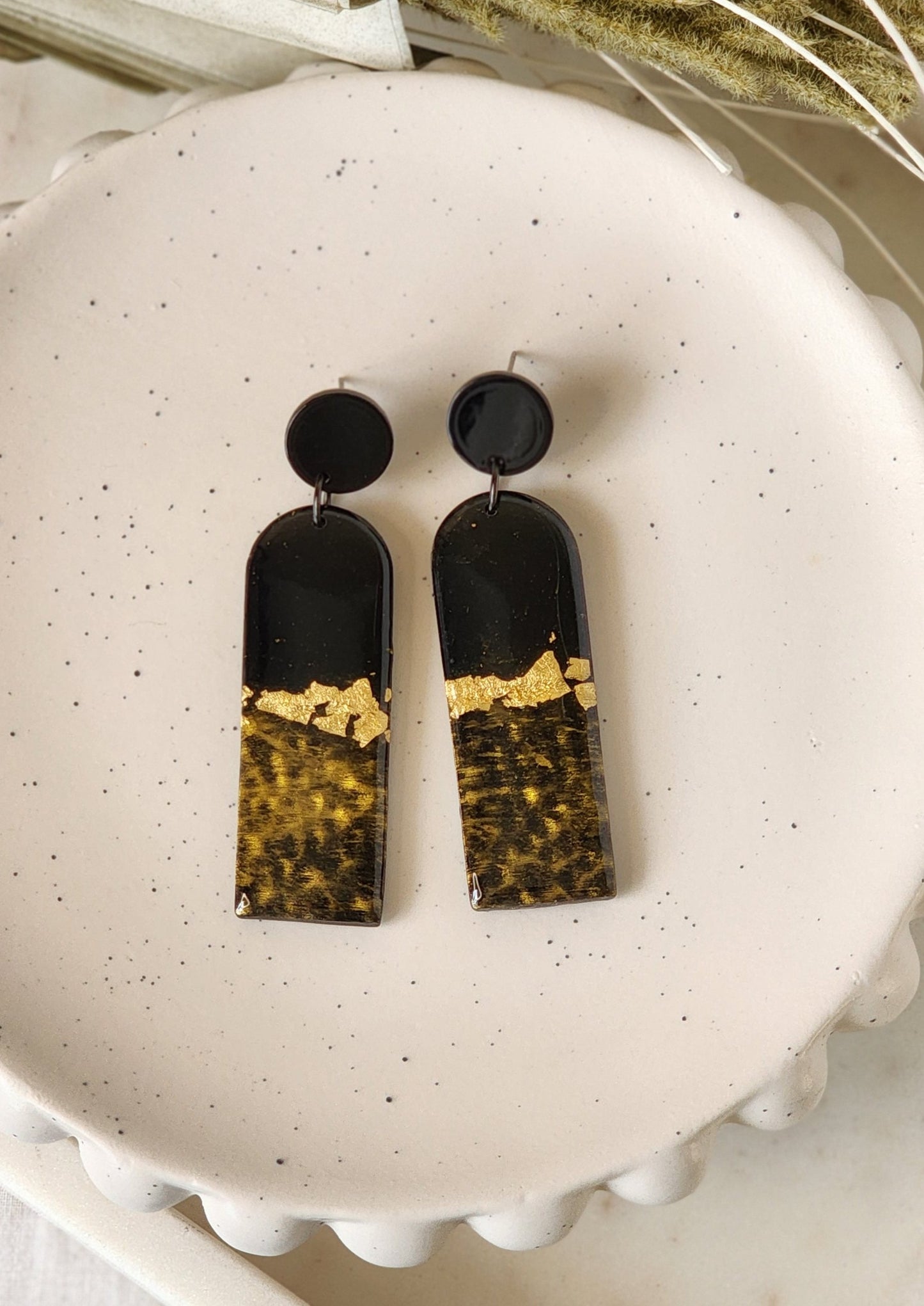 Half Hammered Gold and Black Dangles | Handmade Polymer Clay Earrings