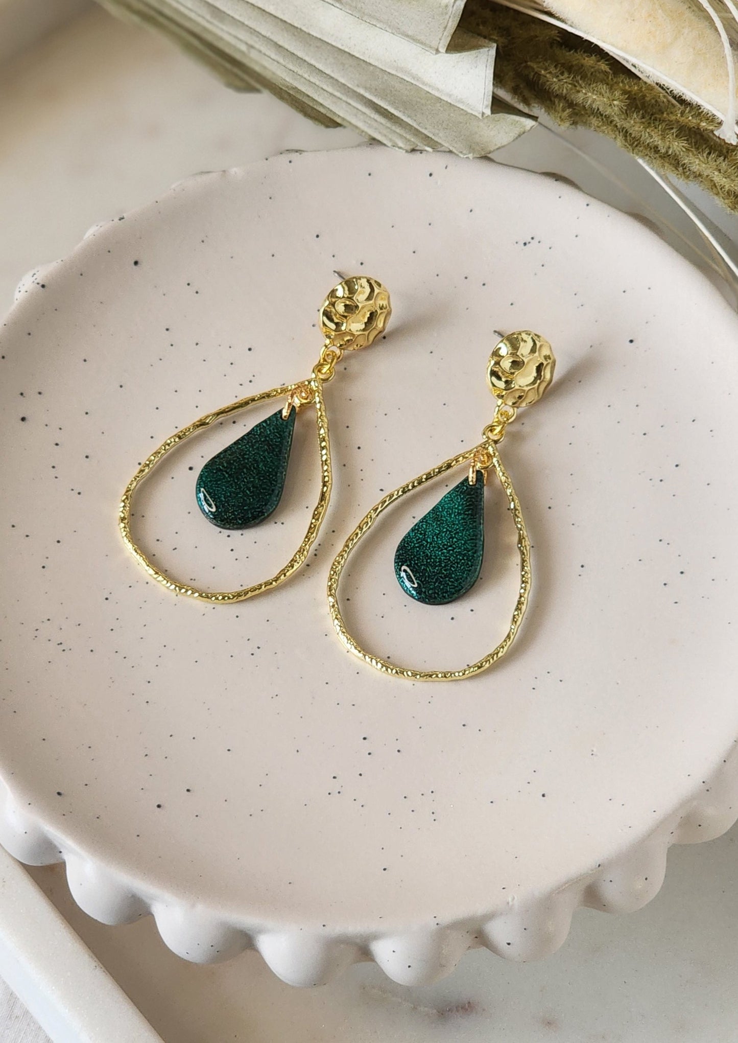 Green and Gold Drop Dangles | Handmade Polymer Clay Earrings